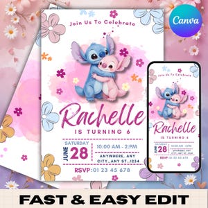 Editable Stitch Birthday Invitation [Front + Back] | Stitch Party Invitation | Cartoon Birthday Invitation | Instant Edit & Download