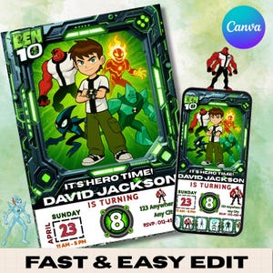 Convite de aniversário do Ben 10 | Modelo editável do Canva | Download digital | Convite para festa do Ben 10 | Convite de aniversário de super-herói | Convite alienígena