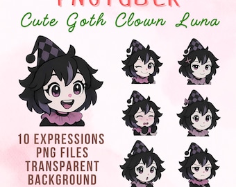 Leuke gotische clown pngTuber-avatar | 10 uitdrukkingen (digitale download)