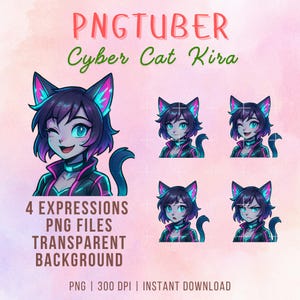 Adorable Cyber Cat Kira PNGTuber | Cute Vtuber with Futuristic Catgirl Style | Avatar Assets PNG | Streamer Overlay Asset | Instant Download