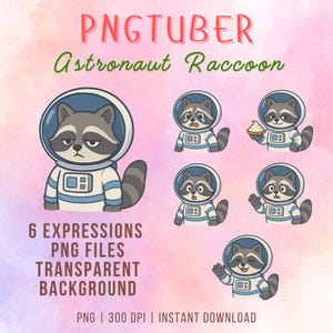 Adorable paquete de mapache astronauta PNGTuber / Recursos de avatar de Vtuber PNG / Lindo avatar de mapache / Recursos de superposición de streamer / Descarga instantánea