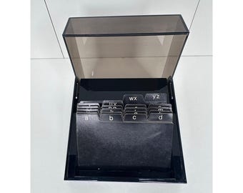Vintage 1977 Eldon Black Smoked Acrylic Card File Box A-Z Tabs USA Made