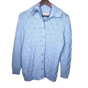 Vintage Sherry Gale Light Blue Diamond Pointelle Knit Button Front Cardigan