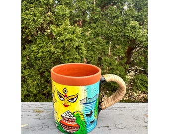 Hand Painted Terracotta Mug Kolkata Folk Art Durga Howrah Bridge Tram Bengali