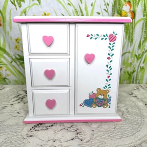 Vintage Wooden Jewelry Box Armoire White Pink Heart Knobs Teddy Bear Carousel