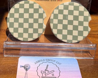 Olive Green Checkered Car Coasters | Retro Car Accessories, Set of 2