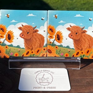 Highland Cow & Sunflower Ceramic Coasters | 4”x4” with Cork Backing | Rustic Farmhouse Decor