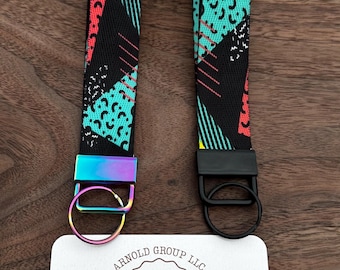 Retro Pop Wristlet Keychain – 6” Nylon Webbing Key Fob –  Bold 90s-Inspired Pattern