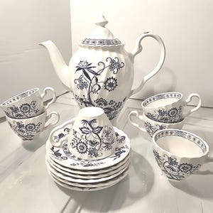 Vintage Johnson Brothers Blue Nordic Teapot Set: Floral Blue Onion Design