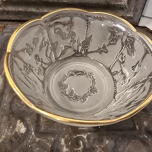 Vintage KIG Indonesia frosted glass bowl with gold trim