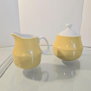 Vintage Mikasa Cera Stone Yellow Creamer, Sugar Bowl and 4 coffee cups