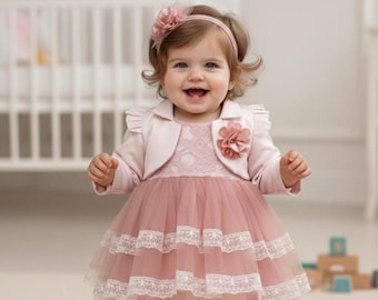 Baby Girl Pink Lace Tulle Dress Set – Newborn Outfit