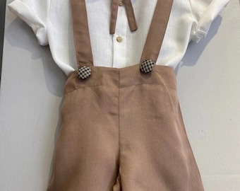 Vintage Baby Boy Outfit - Tan Suspender Shorts, Bow Tie Set (12-24 Months)