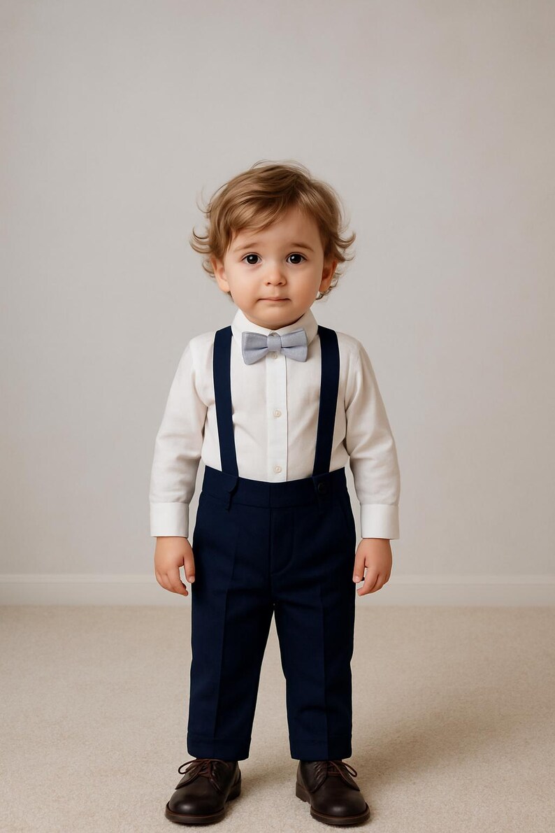 Elegant Baby Boy Formal Outfit With Suspenders and Bow Tie Navy Blue — free download