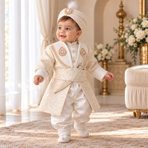 Baby Boy Mevlut & Sunnet Outfit, Ivory Gold Ottoman Suit with Hat, Islamic Ceremony Set, 0–36 Months