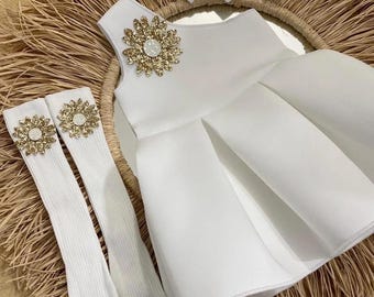 Elegant White Baby Girl Dress Set – 6-12 Months | 3-Piece Formal Outfit with Gold Appliqué | One Shoulder Party Dress