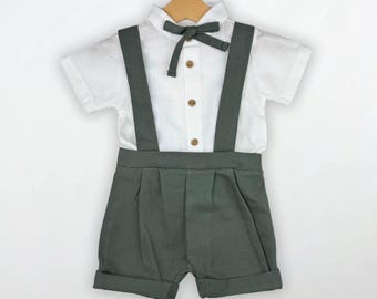 Baby Boy Outfit Set – Cotton Shirt, Bow Tie, Suspender Shorts