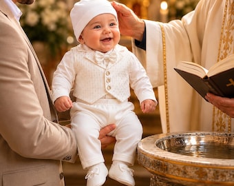 Conjunto de ropa para bautizo de bebé niño, traje blanco de bautizo para bebé, conjunto de 7 piezas para ceremonia de recién nacido, elegante conjunto de dedicación.