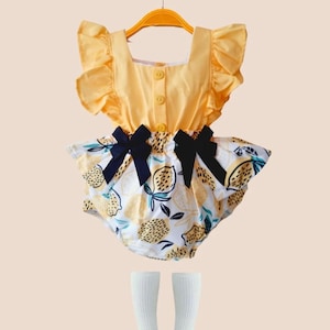 Summer Baby Girl Romper Dress | 6–18 Months | Ruffle Sleeve One-Piece with Printed Skirt and Bows | Cotton Infant Outfit with Tights