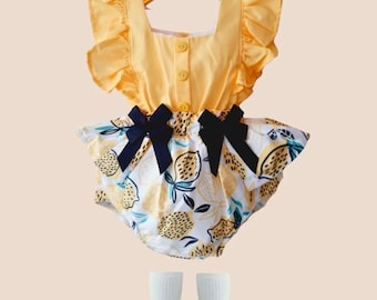 Baby Girl Romper | Lemon Print, Ruffle Sleeves, Bows (6-18 Months)