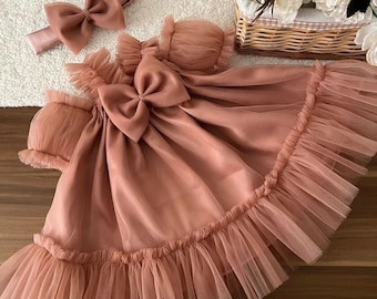Rose Pink Baby Girl Dress with Headband – Elegant Tulle Birthday Dress | Sizes 6M–4Y