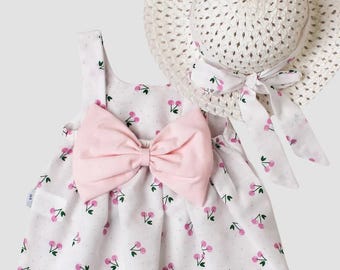 Cherry Print Baby Dress with Bow and Sun Hat | Summer Cotton Outfit for Baby Girls | 3-24 Months | 3 Color Options