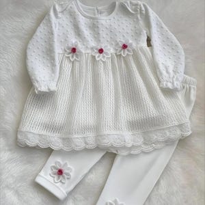 White Baby Girl Knitted Outfit | 6-12 Months | 2 Piece Flower Embellished Set | Elegant Baby Clothes | Soft Cotton Baby Girl Set