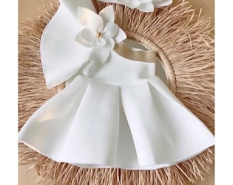 Elegant White Baby Girl Dress with Headband | Flower Detail Outfit | Toddler Dress 6-12 Months
