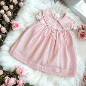 Vintage Pink Baby Girl Dress – 6-24 Months | Lace Collar & Puff Sleeves | Classic Cotton Toddler Dress