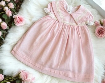 Vintage Inspired Baby Girl Dress – Pink Cotton Lace Collar, 6-24 Months
