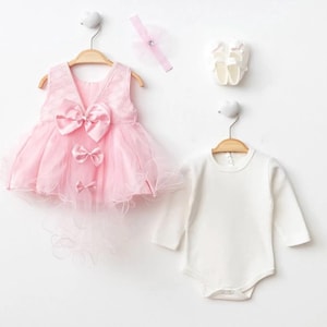 Baby Girl Party Dress Set for 0-6 Months - Elegant Tulle Dress with Bodysuit, Headband & Shoes - Newborn Outfit in Red, Peach or Pink
