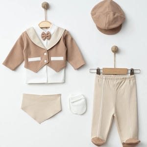 Vintage Baby Boy Outfit with Cap | 6-Piece Gentleman Style Coming Home Set | 0-3 Months