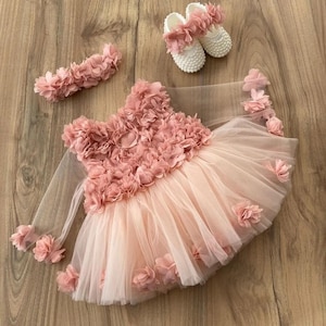 Floral Baby Girl Tutu Dress Set - 0-24 Months | Handmade 3-Piece Outfit with Shoes & Headband | Pink Christening or Birthday Dress