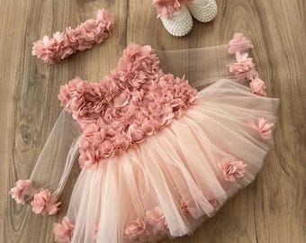Floral Baby Girl Tulle Dress Set – Handmade Outfit with Shoes & Headband