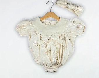 Pelele vintage bordado con diadema para bebé (3-18 meses) / Elegante conjunto floral para niña