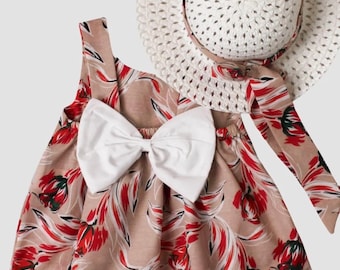 Baby Girl Floral Dress and Sun Hat Set – Rose Print, Large Bow
