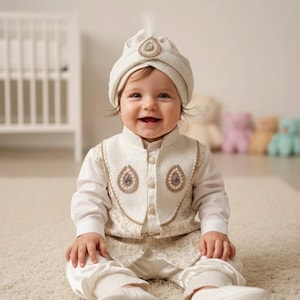 May include: A smiling baby wearing a cream-colored outfit, including a turban-style hat with a feather, a vest with decorative embellishments, a long-sleeved shirt, and matching pants. The baby is sitting on a cream-colored carpet.