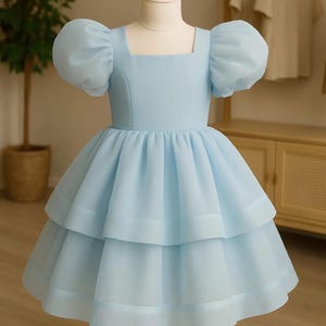 Baby Girl Puff Sleeve Party Dress | 18–24 Months | Layered Skirt with Bow | Light Blue