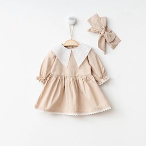 Vintage Style Baby Girl Dress with Lace Collar | Beige Cotton Dress with Matching Headband | 0-3 Months