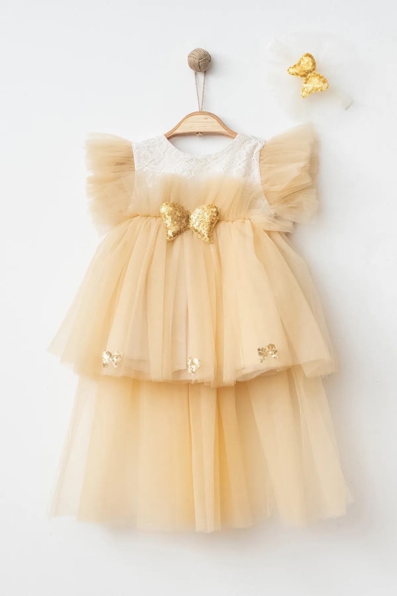 Baby Girl Gold Bow Tulle Dress with Headband - 0-6 Months Birthday & Special Occasion Gown Baby Girl Gold Bow Tulle Dress with Headband - 0-6 Months Birthday & Special Occasion Gown