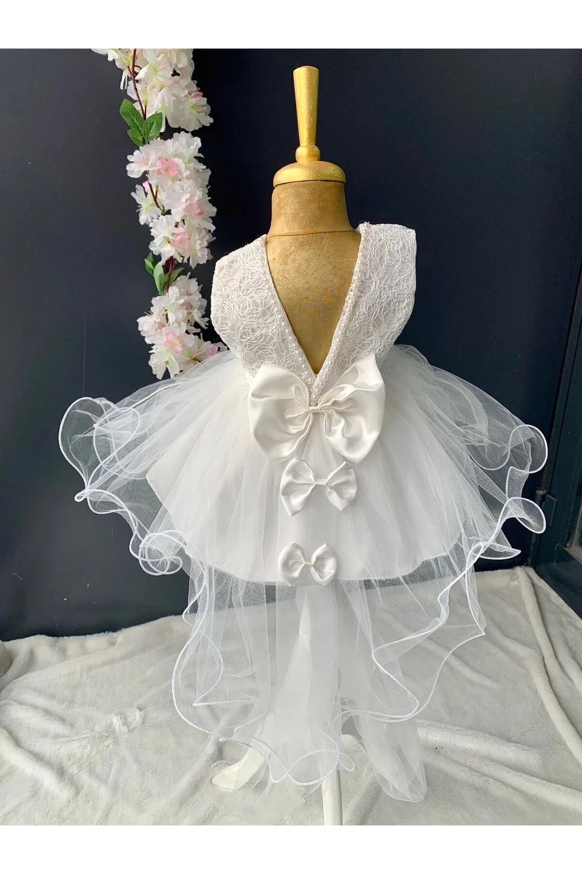 Handmade Lace Baby Dress Set Tulle Skirt, Bow Headband, Newborn Outfit