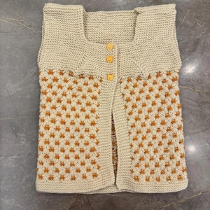 Hand Knitted Baby Vest - 18-24 Months - Beige Textured Wool Cardigan with Honeycomb Pattern and Bear Buttons