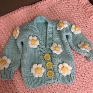 Handmade Baby Girl Daisy Knit Cardigan | 6-12 Months | Soft Pastel Blue Flower Sweater | Spring Baby Outfit