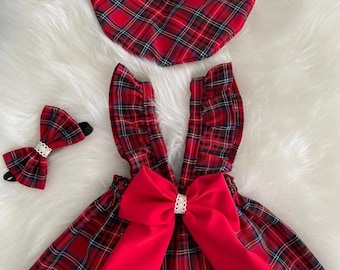 Red Tartan Baby Girl Outfit Set | 3-24 Months | 3 Piece Handmade Dress with Hat & Bow | Christmas Baby Look