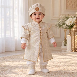 Baby Boy Mevlut & Sunnet Outfit, Ivory Gold Ottoman Kaftan Set with Hat, Islamic Baby Suit, 0–12 Months