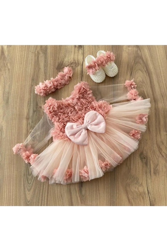 Floral Baby Girl Tulle Dress Set - Handmade Outfit with Shoes & Headband