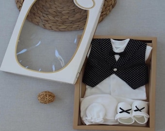 Baby Boy Suit Set – Black Polka Dot Vest Outfit (0-6 Months)