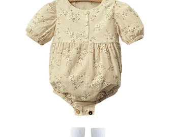 Floral Baby Romper Set – Beige Puff Sleeve Outfit with Bows & Socks