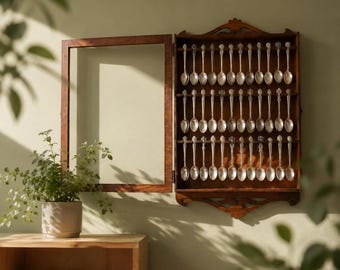 Vitrina para cucharas, estante de madera para cucharas, soporte de pared para cucharas, vitrina para cucharas de recuerdo, estante para cucharas, caja de cucharas vintage, regalo de coleccionista