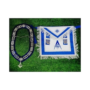Masonic Blue Lodge Master Mason Apron with Silver Chain Collar & Jewel – Regalia Gift Set